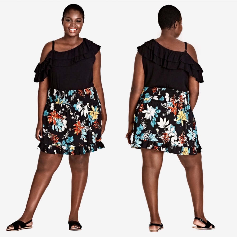 City Chic Tropic Floral Smocked Ruffle Knee Length Skirt Black 16 NWT